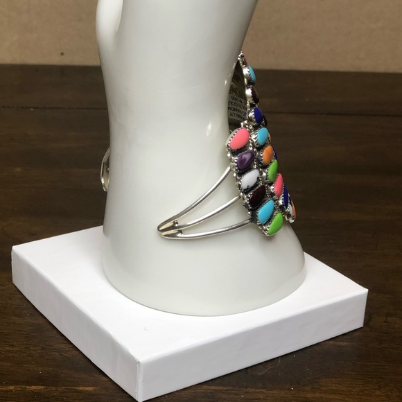 NAVAJO Handmade Native American Sterling Silver Multi Gemstone Petit Point Cuff - Picture 17 of 17